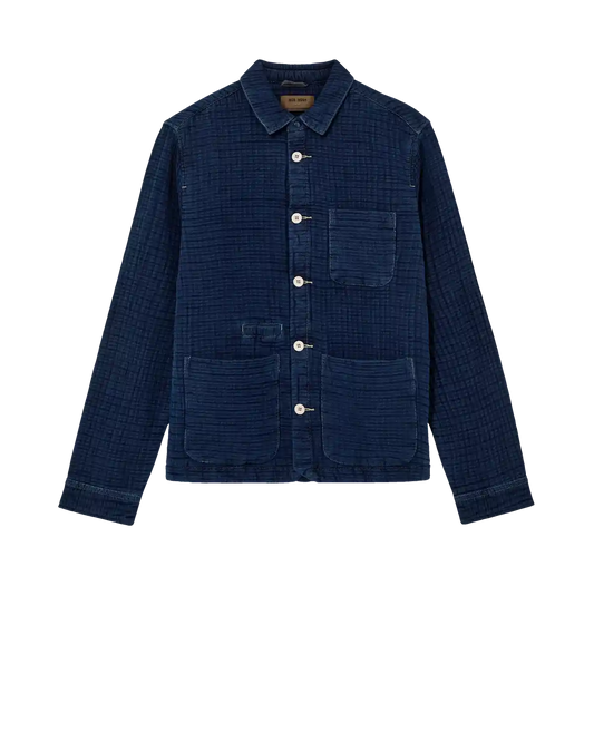 Mos Mosh Dobby Indigo Jacket Blue corduroy jacket with button details on a white background