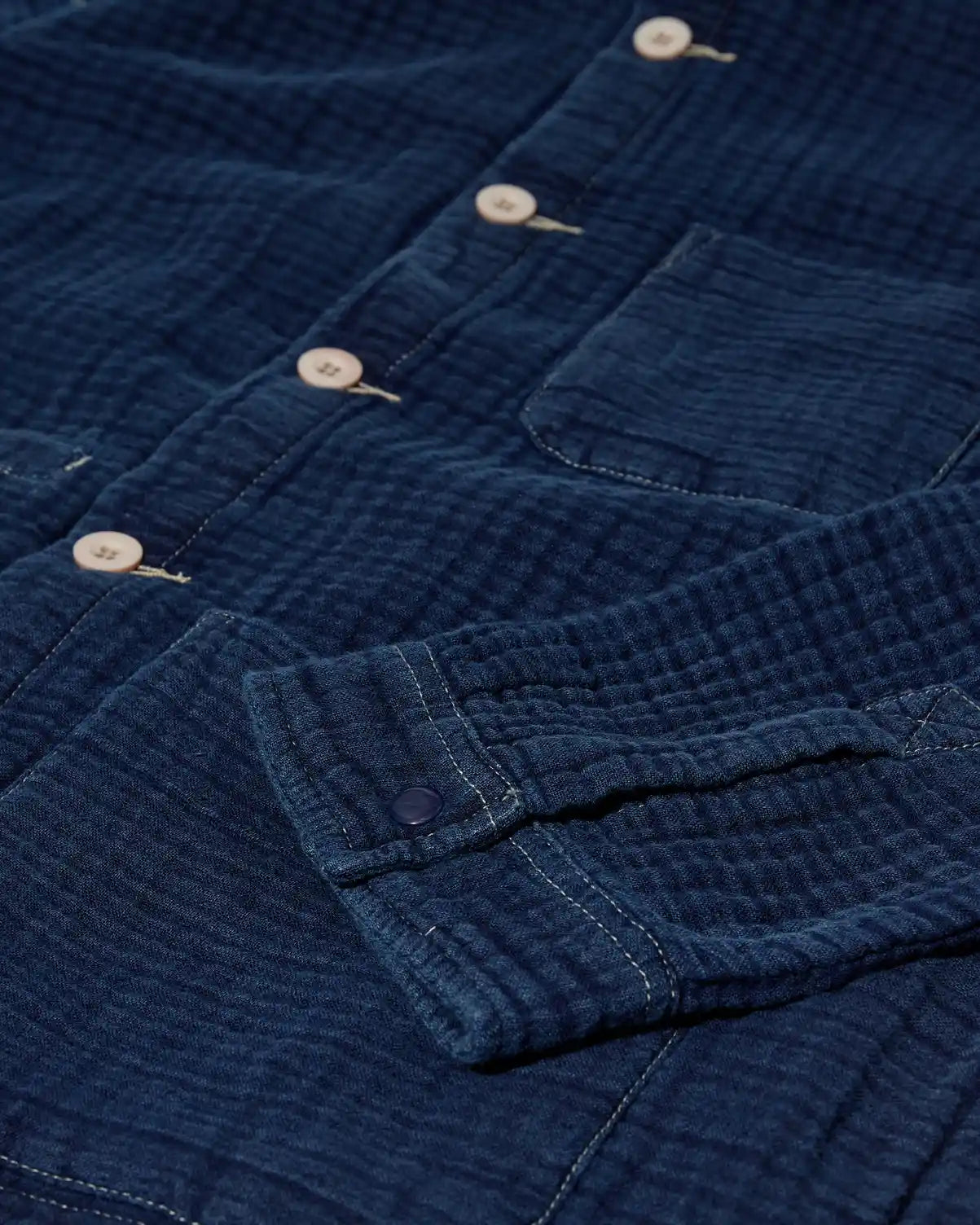 close up of details on the Mos Mosh Dobby Indigo Jacket Blue corduroy jacket with buttons