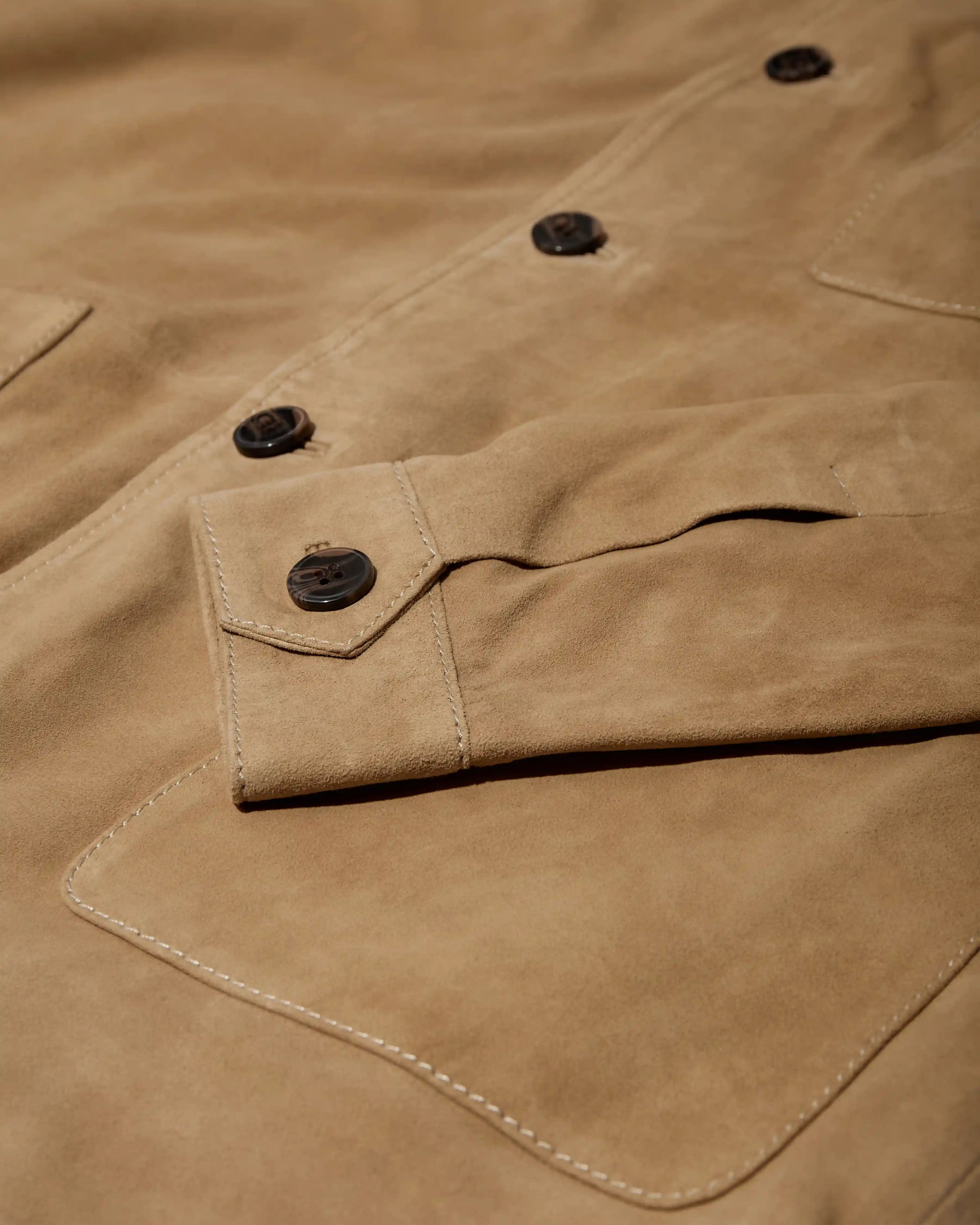 MOS MOSH Gallery Conor Toasted Coconut Suede Jacket – shop men's jackets in Canada detail of sleeve and buttons
