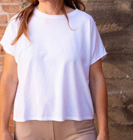 SS24 - It is Well L.A Organic Crewneck Boxy Tee in Salt - front on model 1