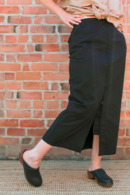 Zipper Skirt in Black Cotton Twill