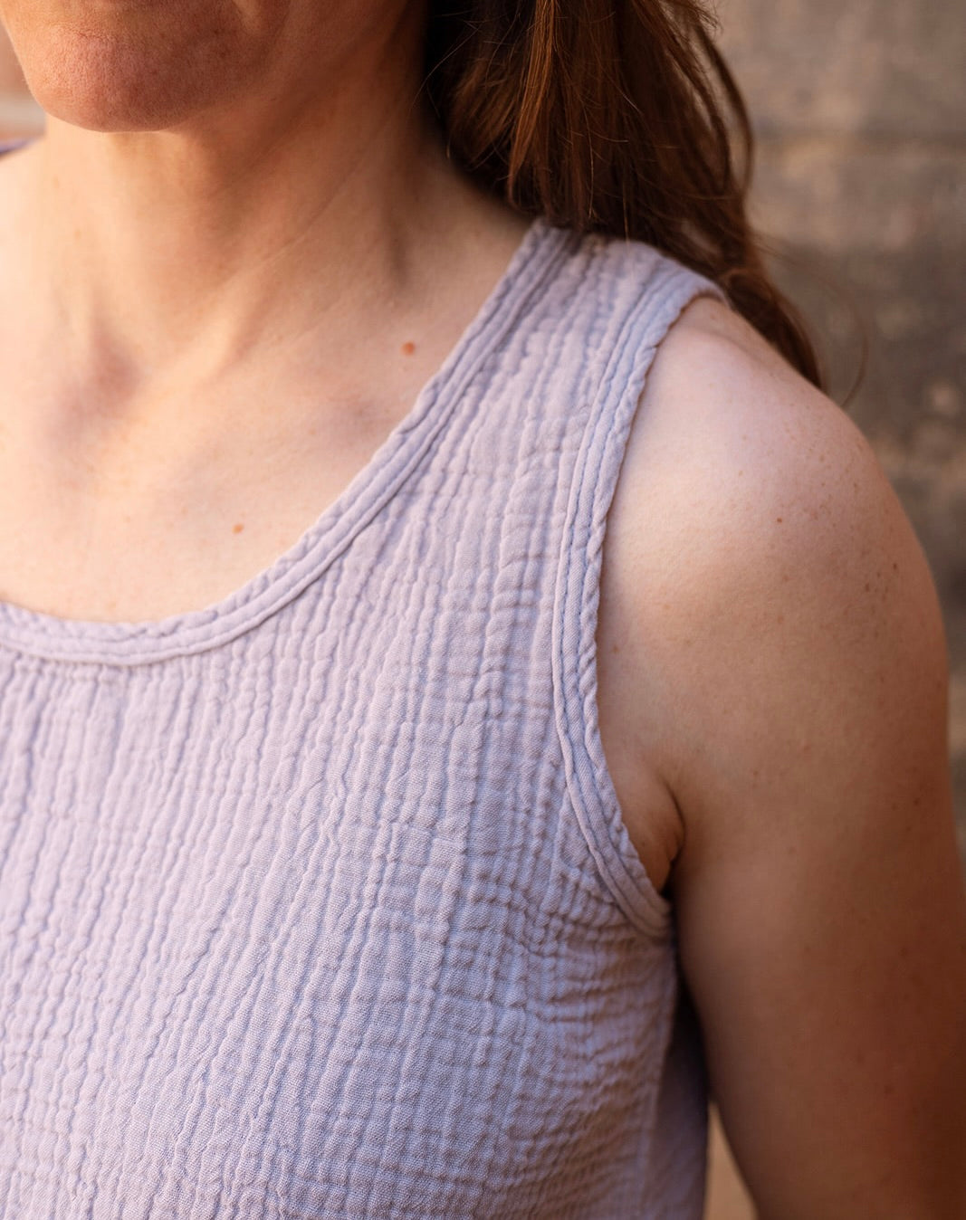 SS24 - It is Well L.A - Organic Gauze Sleeveless Top in Heather Blue - on model  strap close-up 5