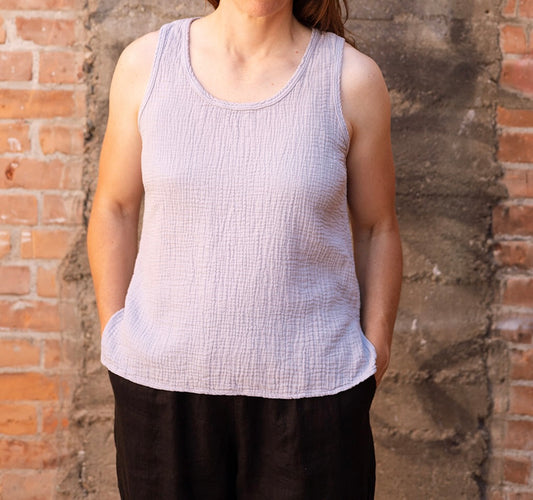 SS24 - It is Well L.A - Organic Gauze Sleeveless Top in Heather Blue - on model front 1