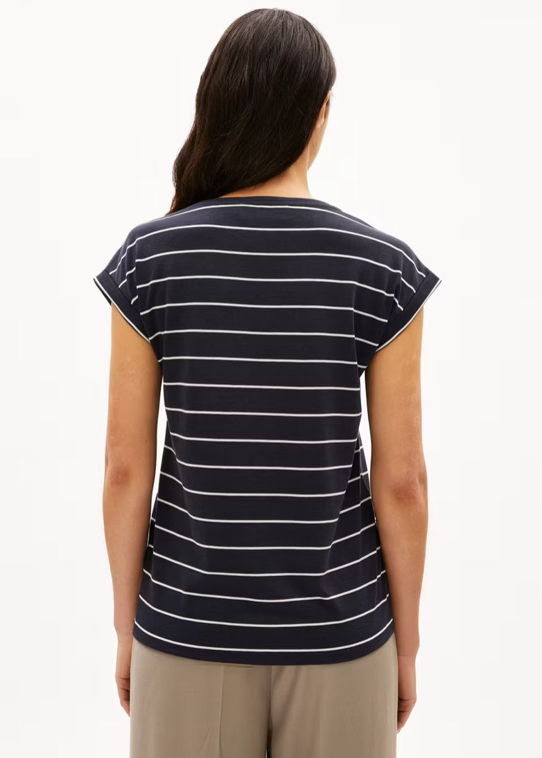 SS25 - ARMEDANGELS - Jilaana Top in Fine Stripe Night Sky-Oatmilk - back 2 