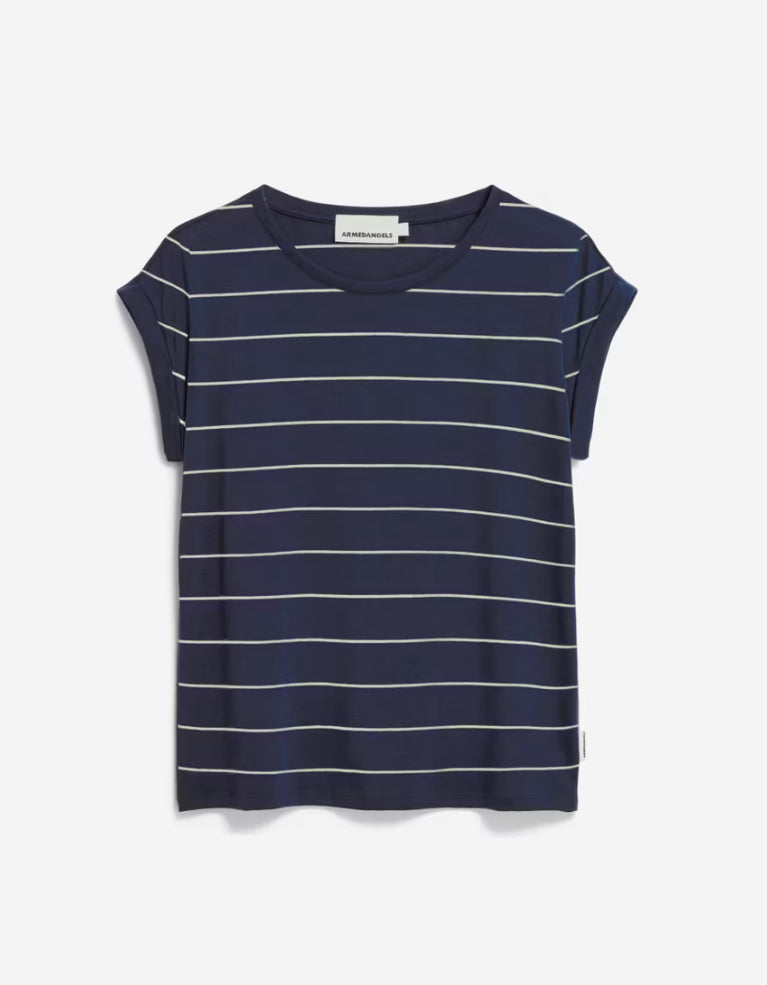 SS25 - ARMEDANGELS - Jilaana Top in Fine Stripe Night Sky-Oatmilk - front display 4 