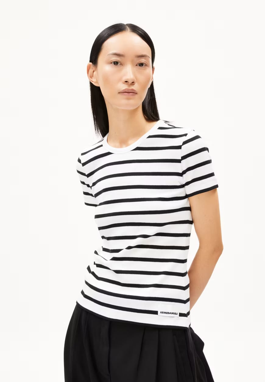 SS25 - ARMEDANGELS -  Kaarda Stripe Shirt in White/Black - front 1 