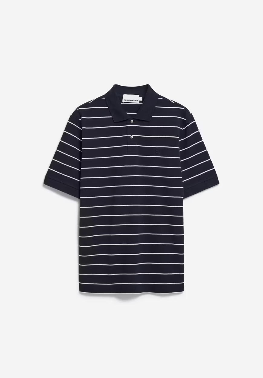 SS25 - ARMEDANGELS - Maario Stripes Polo Shirt in Night Sky-Broken White - display front 4