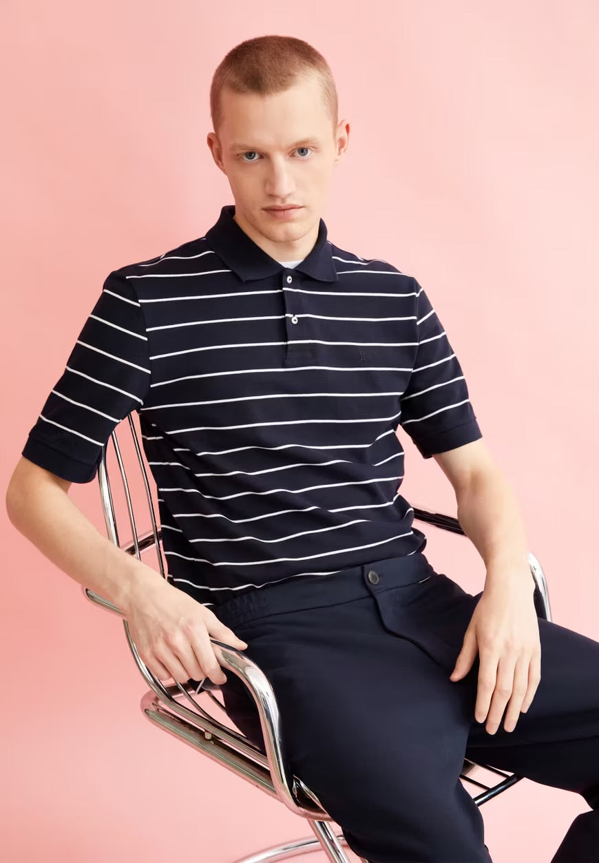 SS25 - ARMEDANGELS - Maario Stripes Polo Shirt in Night Sky-Broken White - front 1