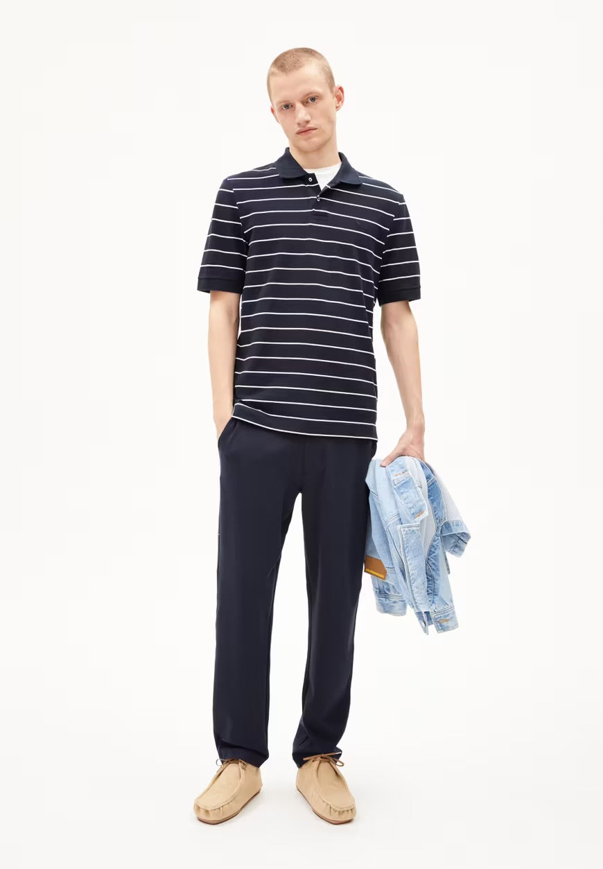 SS25 - ARMEDANGELS - Maario Stripes Polo Shirt in Night Sky-Broken White - front 3