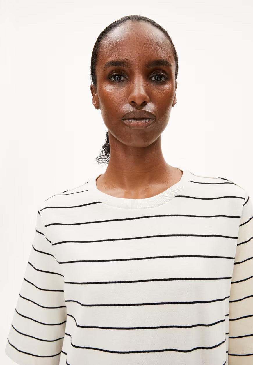 SS25 - ARMEDANGELS - Xelinaa Fine Stripe Jersey Dress in Undyed Black - close up front 5 