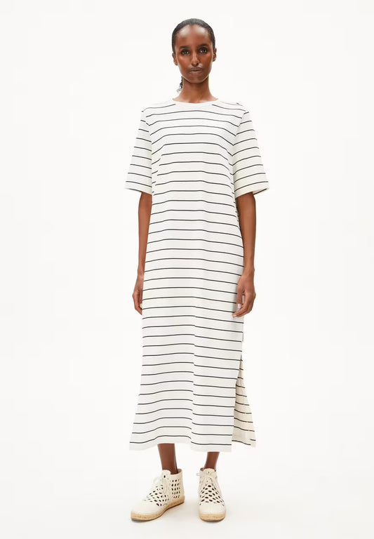 SS25 - ARMEDANGELS - Xelinaa Fine Stripe Jersey Dress in Undyed Black - front 1 