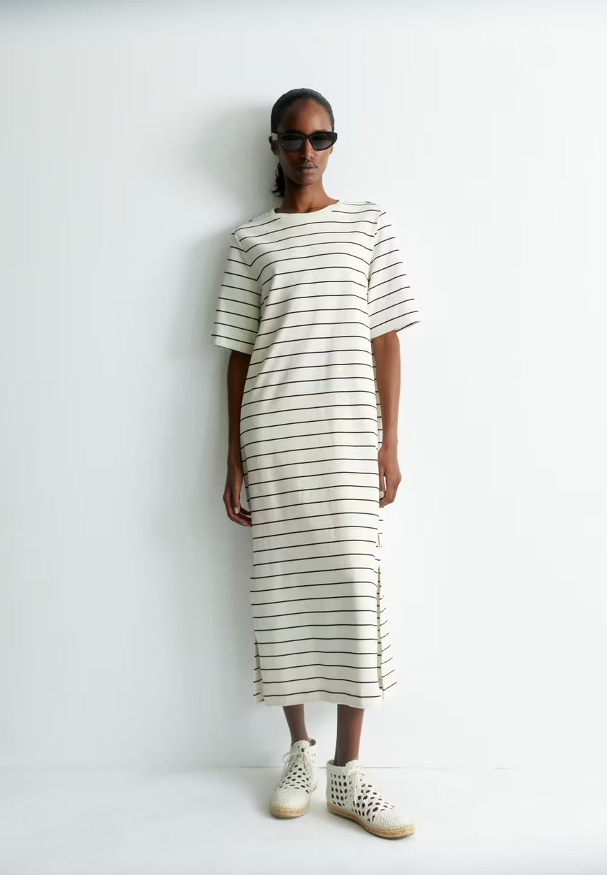 SS25 - ARMEDANGELS - Xelinaa Fine Stripe Jersey Dress in Undyed Black - front 3 