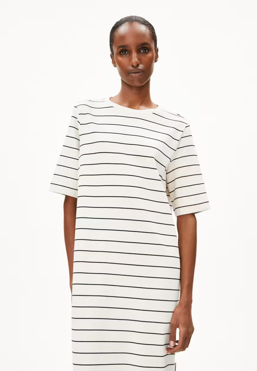 SS25 - ARMEDANGELS - Xelinaa Fine Stripe Jersey Dress in Undyed Black - front 4