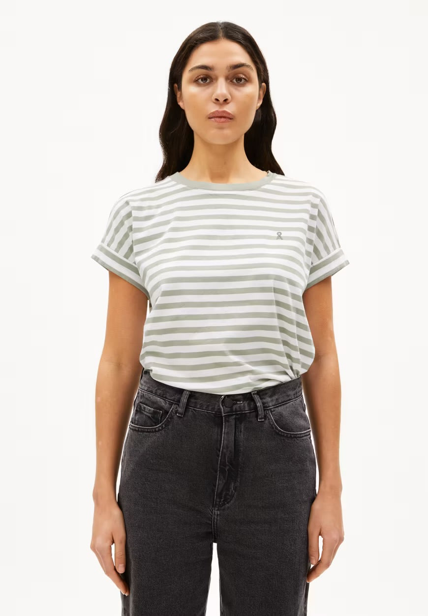SS25 - ARMEDANGLES - Idaara Stripe Shirt in White/Seagreen - front 1 