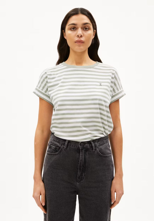 SS25 - ARMEDANGLES - Idaara Stripe Shirt in White/Seagreen - front 1 
