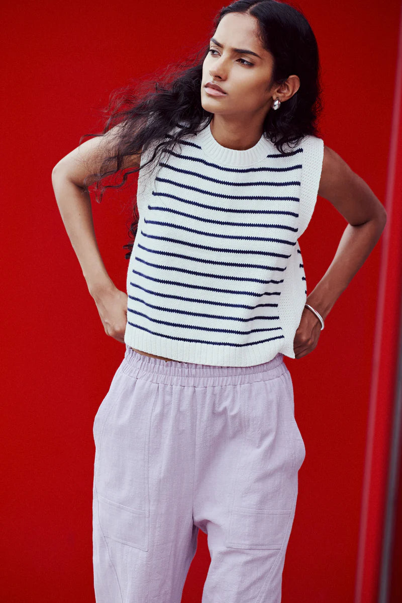 SS25 - Eve Gravel - Poppy Sweater in Cream/Marine - front 1 