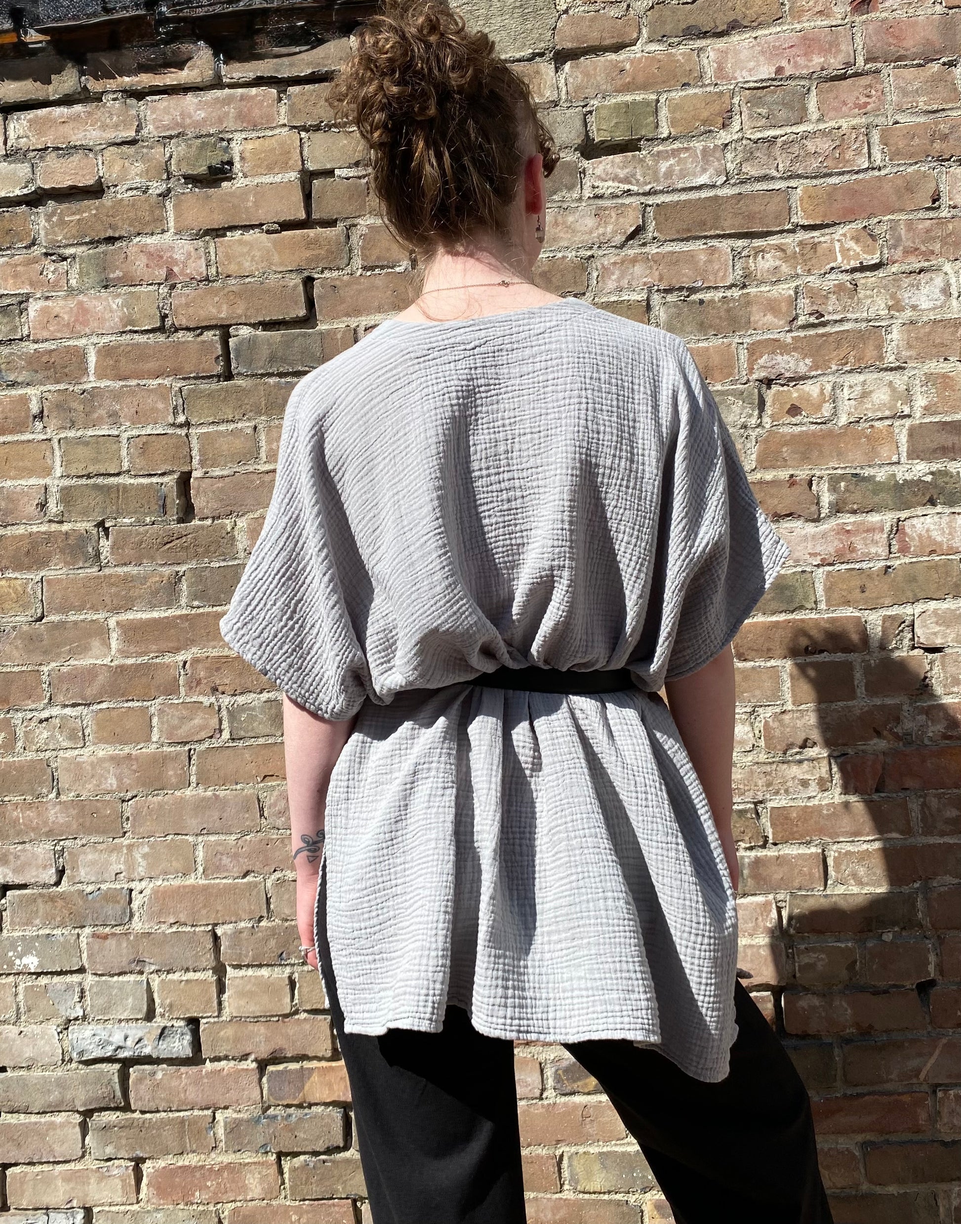 SS25 - It is Well L.A - Gauze Short Sleeve Cardigan in Slate Grey - back with belt 5 