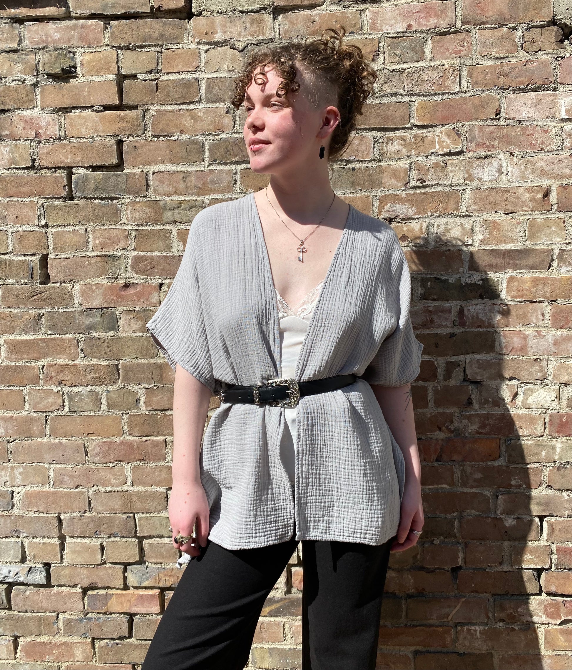 SS25 - It is Well L.A - Gauze Short Sleeve Cardigan in Slate Grey - front with belt 3