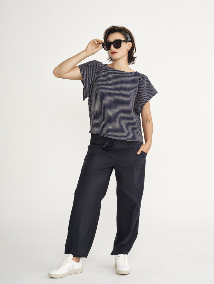 SS25 - Jennifer Glasgow - Saffron Top in Blue Stripe - front 1