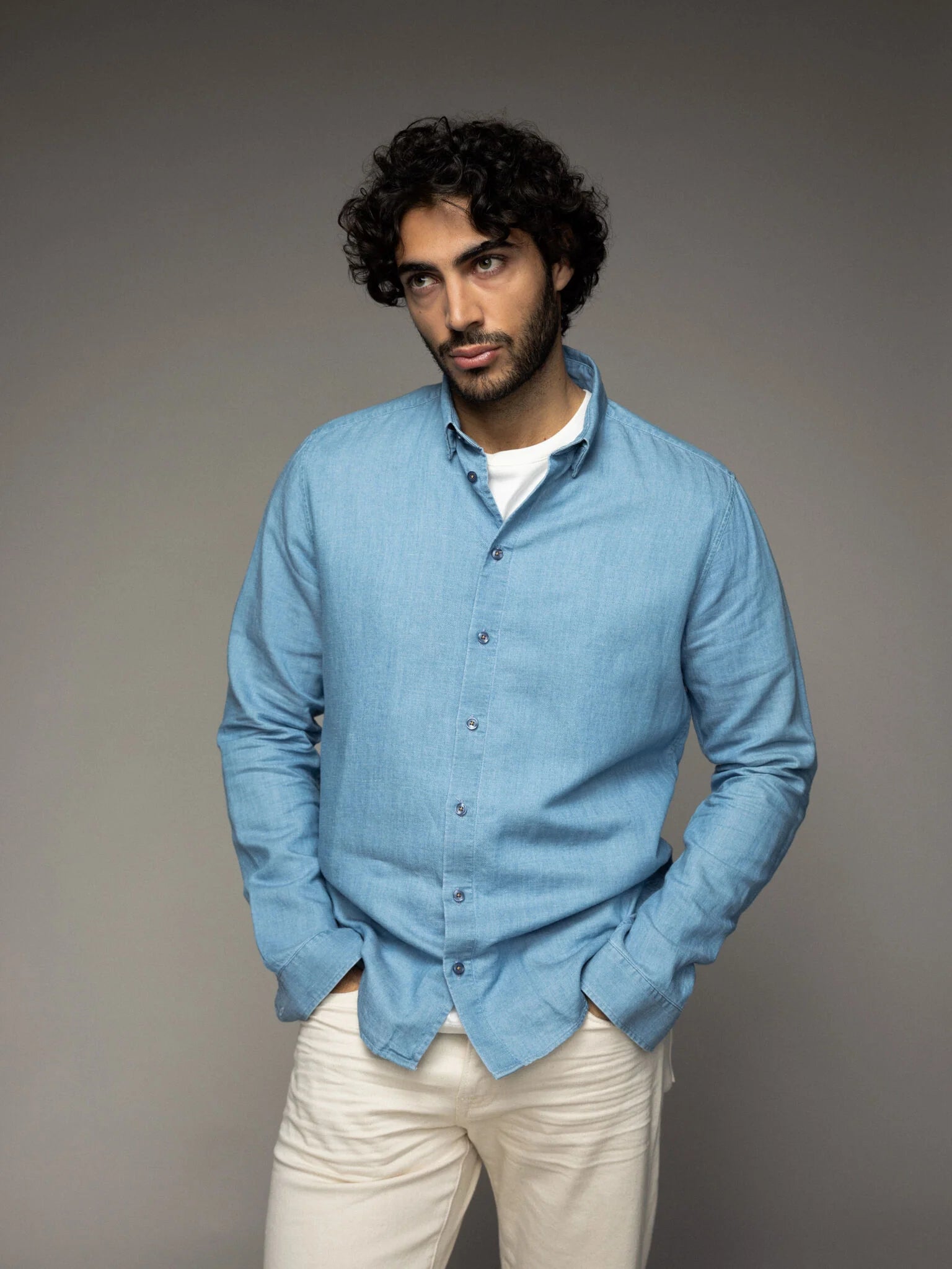 SS25 - Mos Mosh Gallery - Marco Chambray Shirt in Marine Blue - front 1 