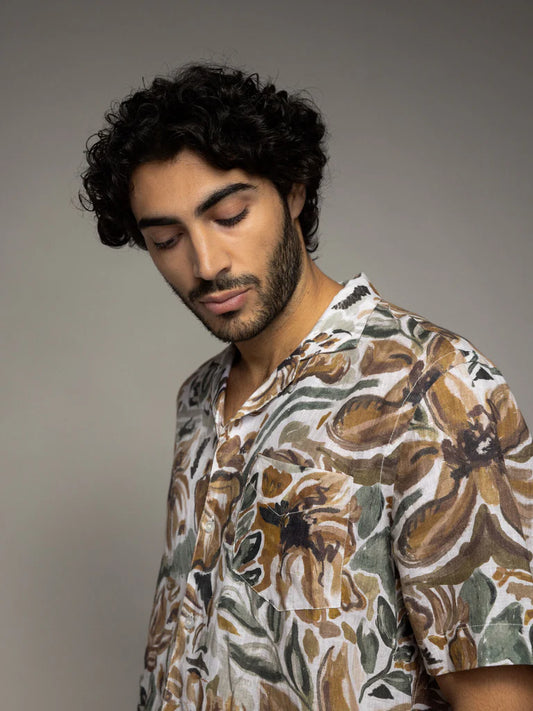 SS25 - Mosh Mosh - MMGBabel Sun Linen Shirt - Forest Green - on model 1 