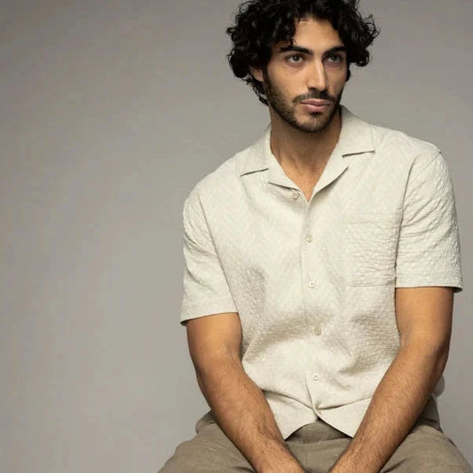 SS25 - Mosh Mosh - MMGMarco Cuban Rosacel Shirt - Warm Beige - on model 1 