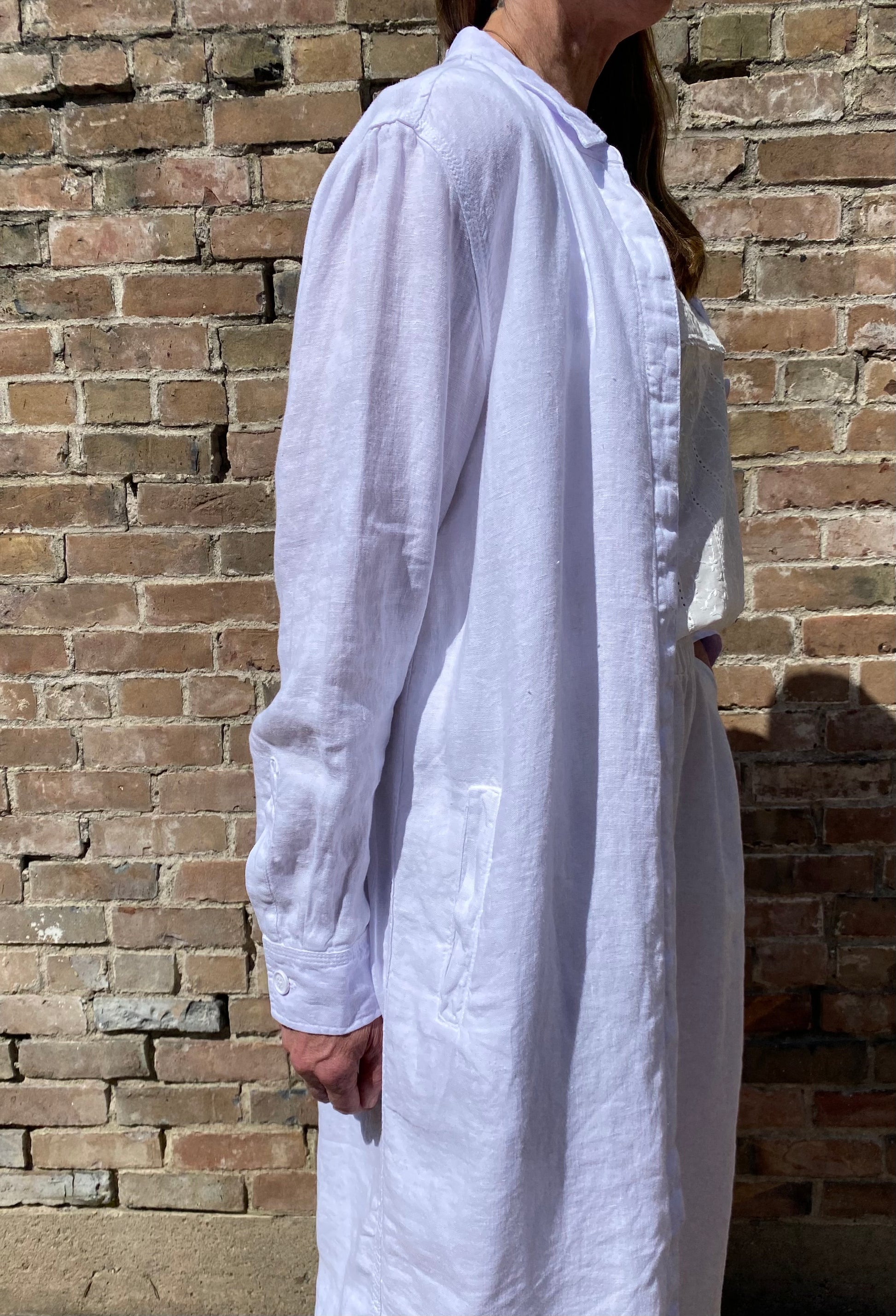 SS25 - Penn & Ink - Shirt Dress in White Linen - side close up 4 