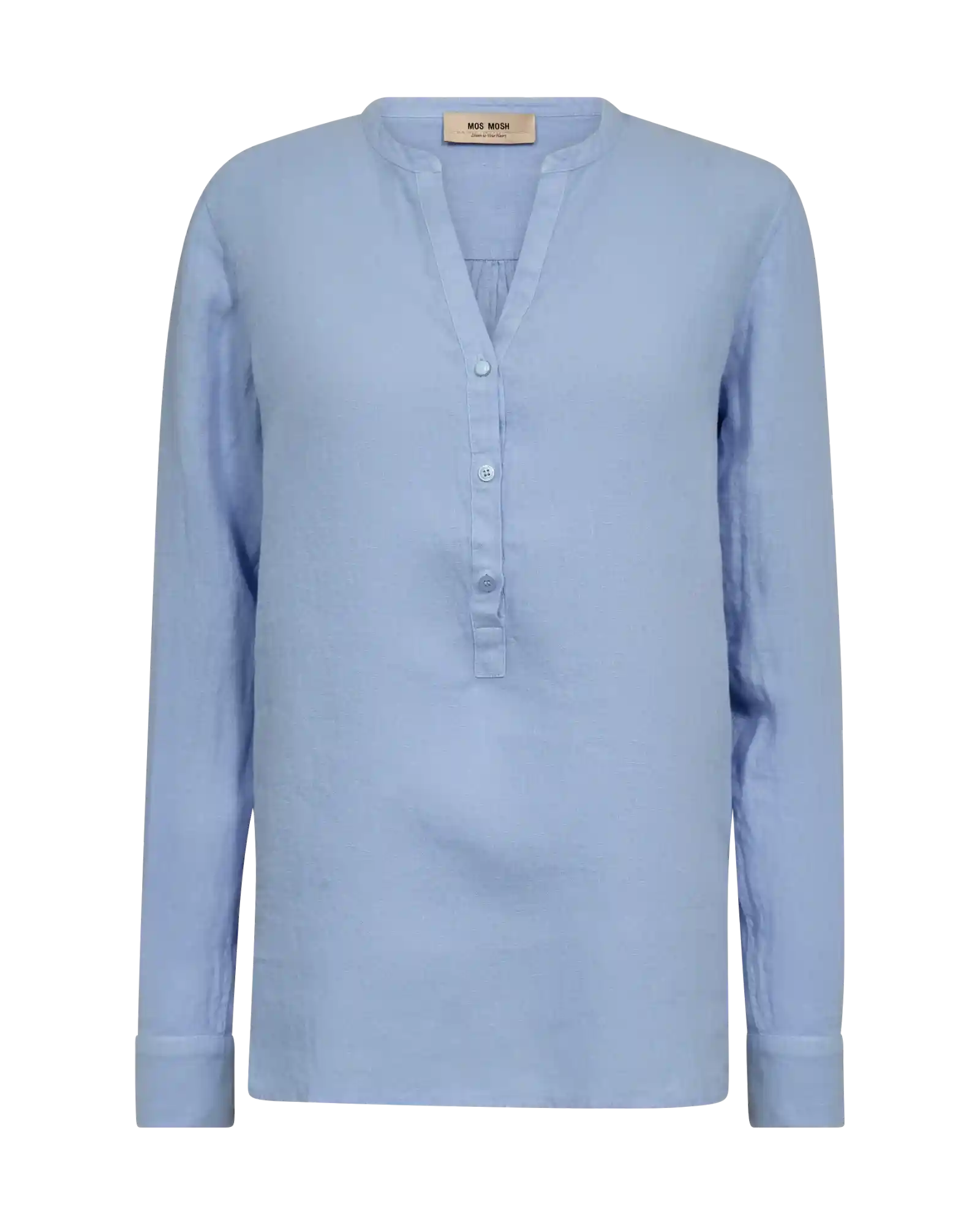 MOS MOSH Danna Linen Blouse Brunnera Blue – women's breathable linen top, Canada flatlay front