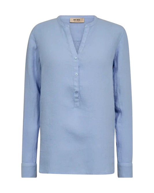 MOS MOSH Danna Linen Blouse Brunnera Blue – women's breathable linen top, Canada flatlay front