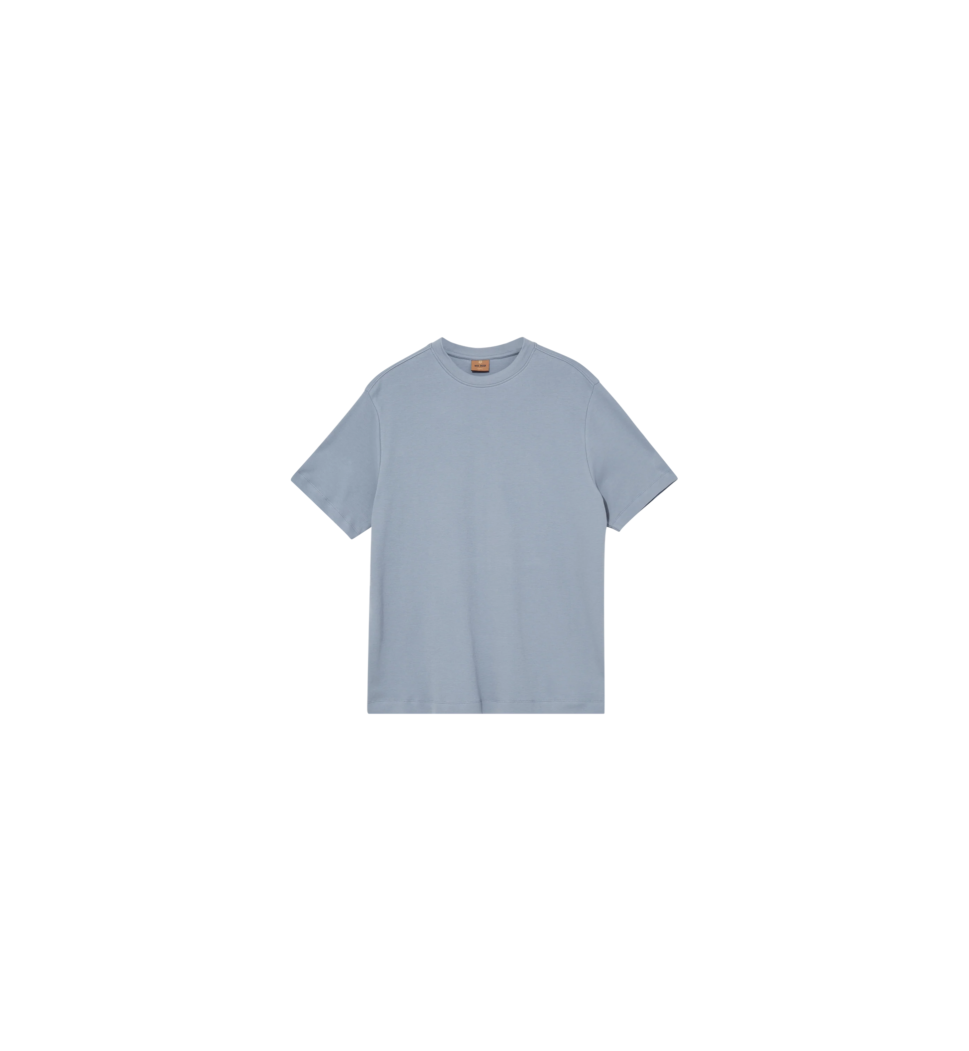 Mos Mosh Gallery mens beige crew neck cotton t-shirt with short sleeves and subtle chest logo in Kelowna in flint stone colour
