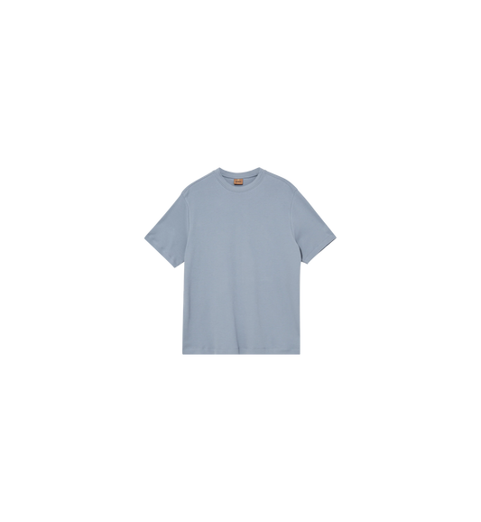 Mos Mosh Gallery mens beige crew neck cotton t-shirt with short sleeves and subtle chest logo in Kelowna in flint stone colour