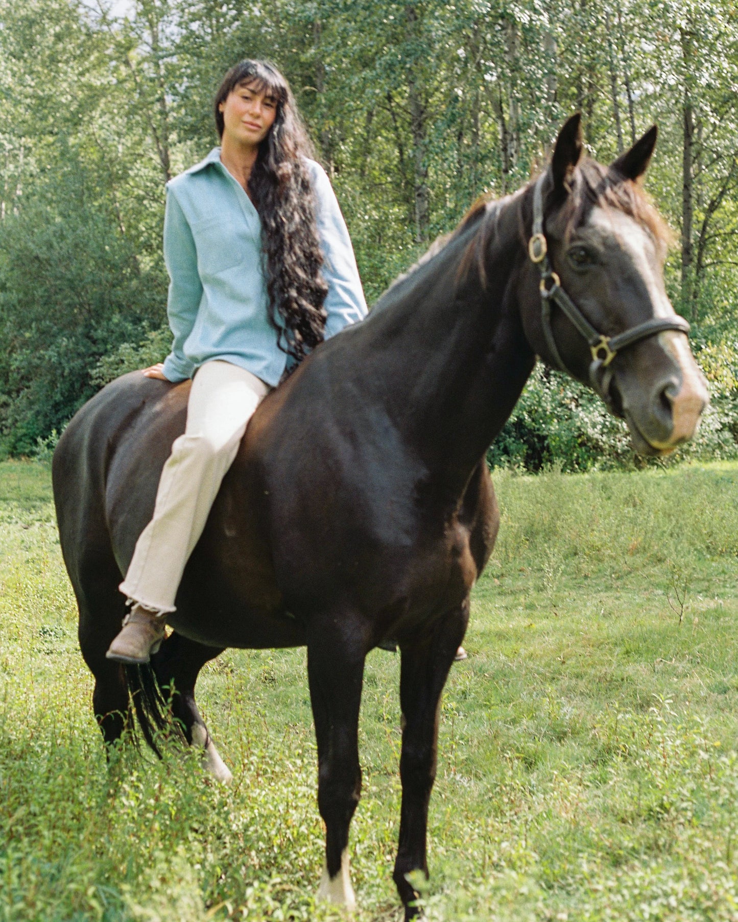 MODEL ON  DARK HORSE WEARS LIGHT BLUE DENIM SHIRT WITH HAIR DOWN IN A GREEN MEADOW AGAINST A TREELINE.