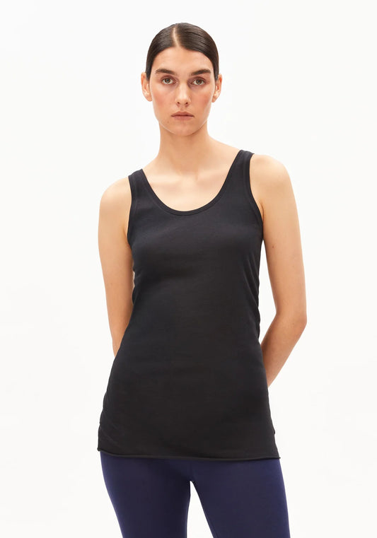 women's ARMEDANGELS Single Jersey Top in Black, on model front view in Kelowna