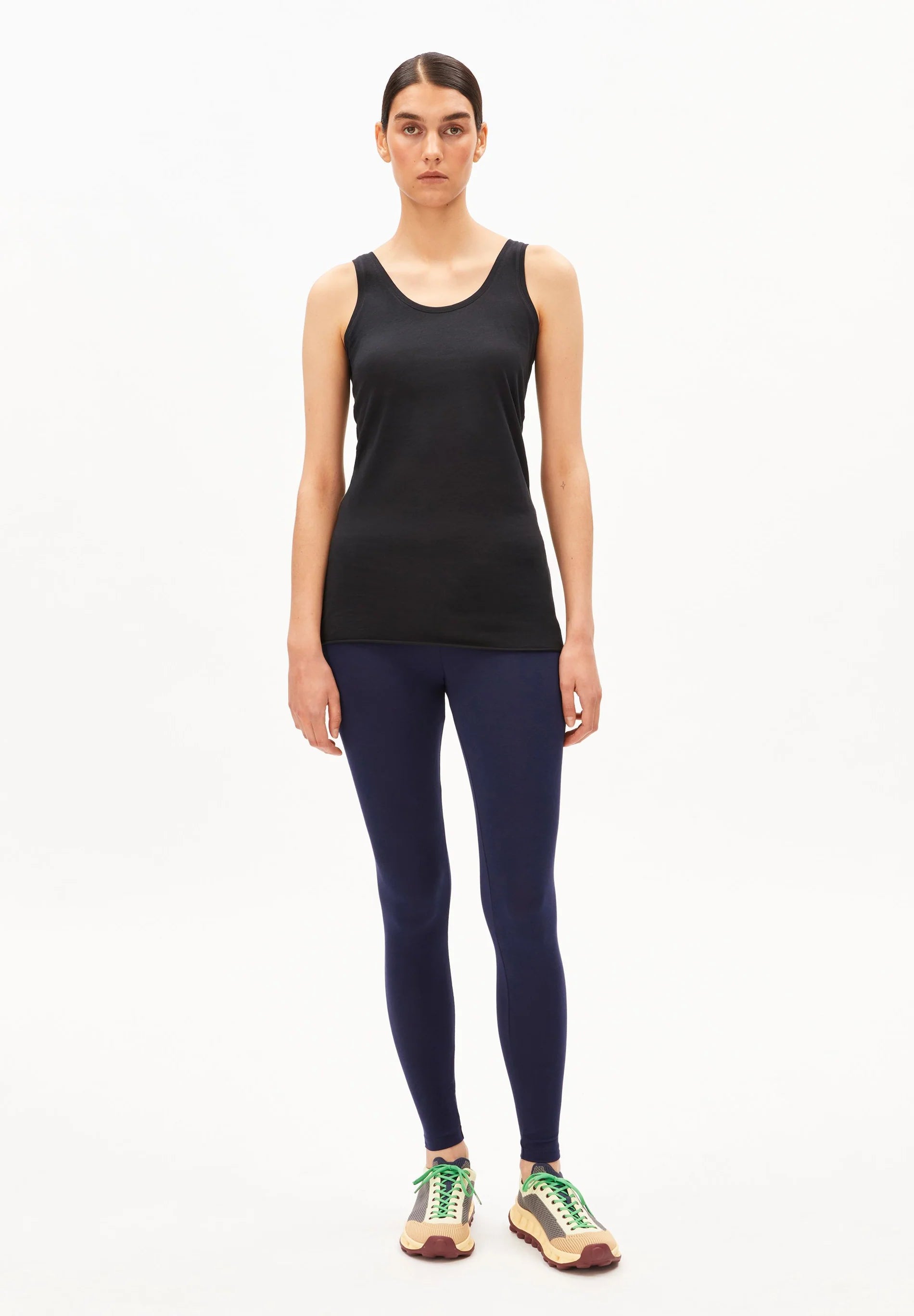 women's ARMEDANGELS Canada Single Jersey Top in Black, front full body view on model in Kelowna