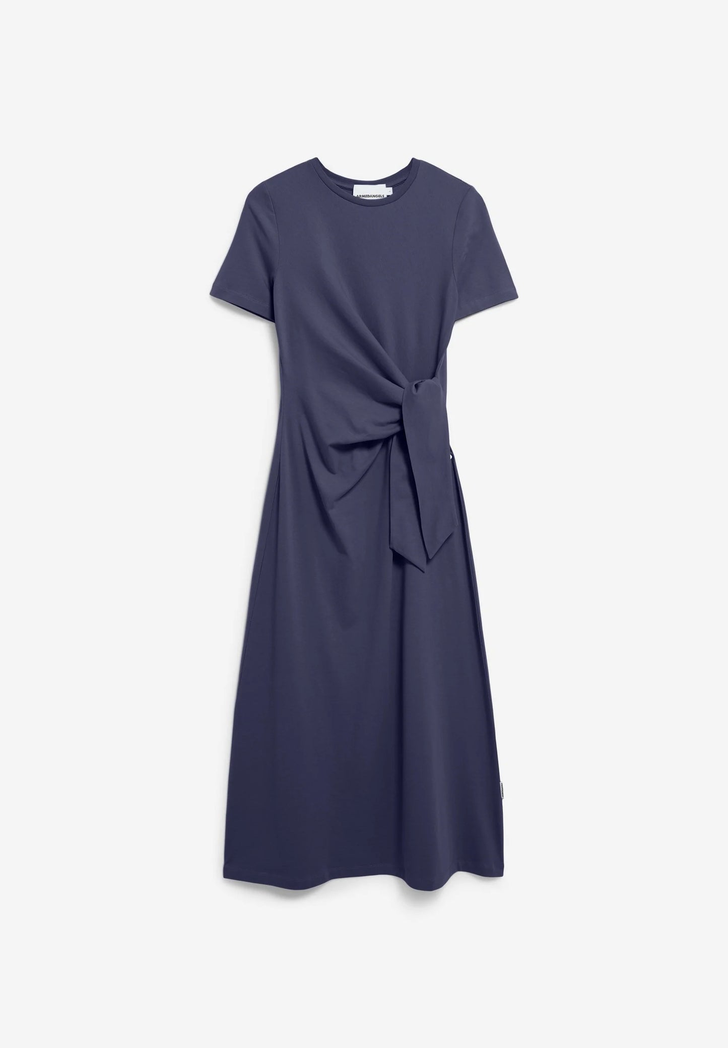FULL FLAT LAY NAVY SHEATH WRAP DRESS AGAINST WHITE BACKGROUND