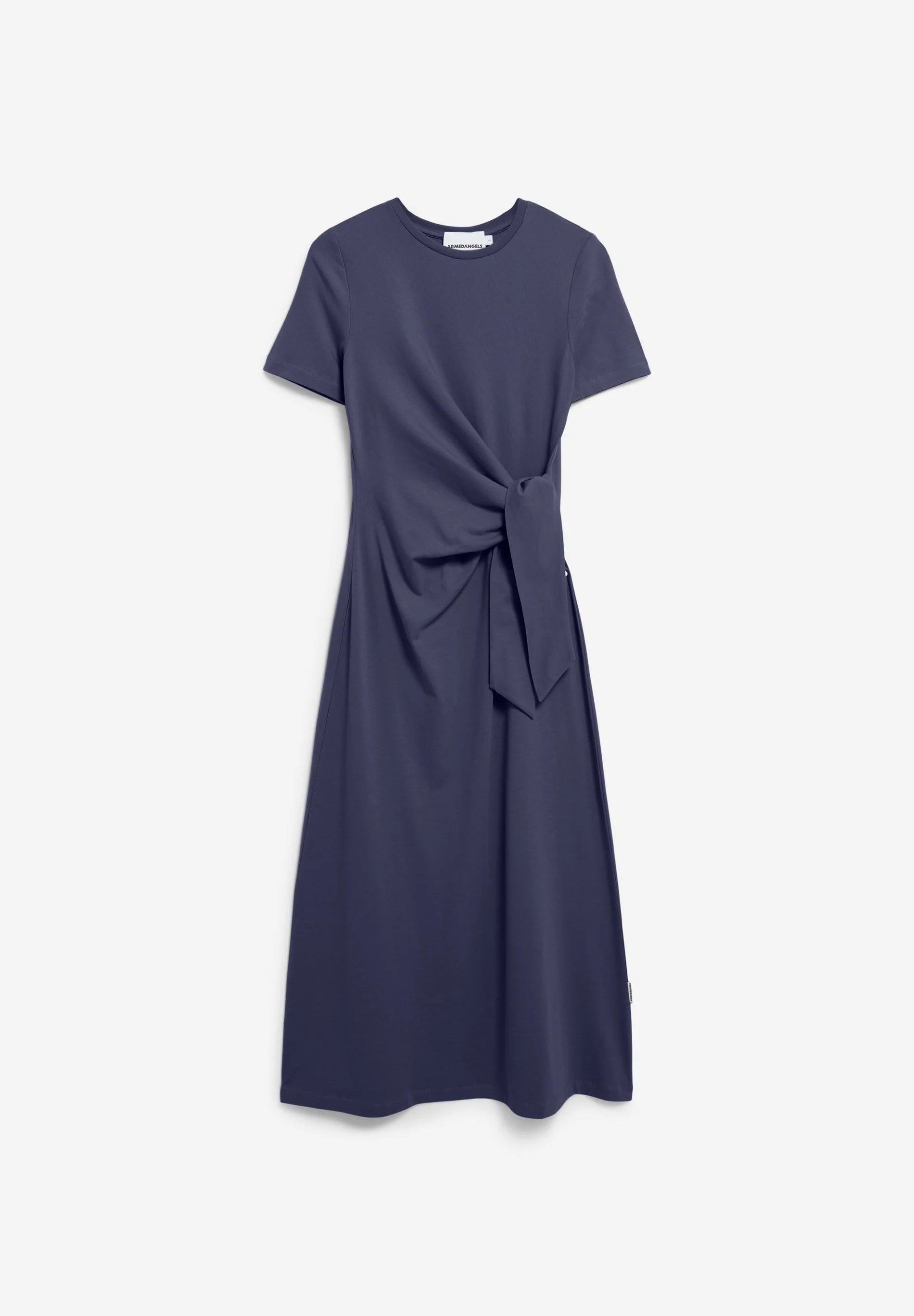 FULL FLAT LAY NAVY SHEATH WRAP DRESS AGAINST WHITE BACKGROUND
