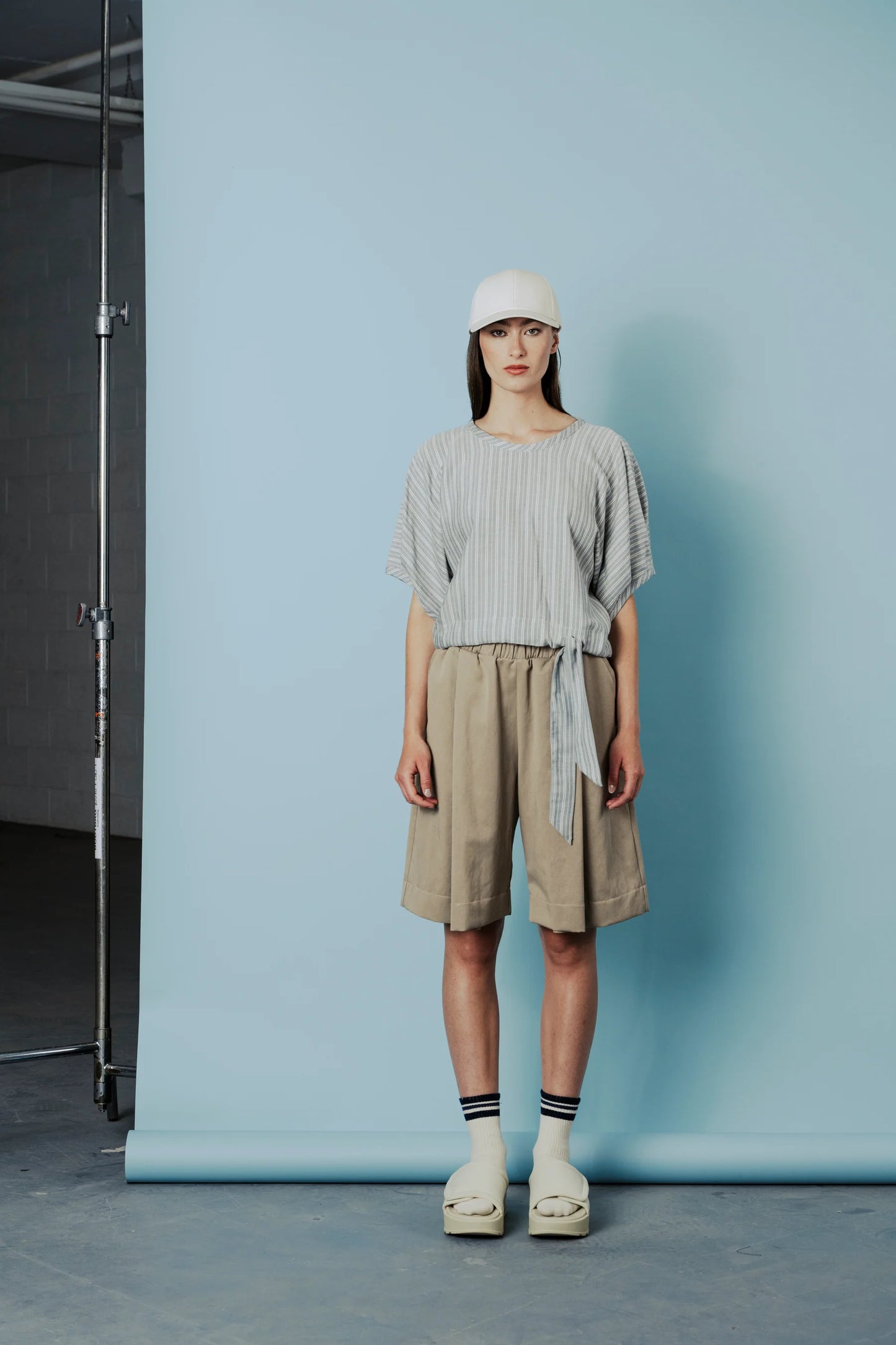 Bahia Top in Light Blue Herringbone - BodyBag by Jude front- adjustable gathered waistband cotton top - sustainable fashion Okanagan