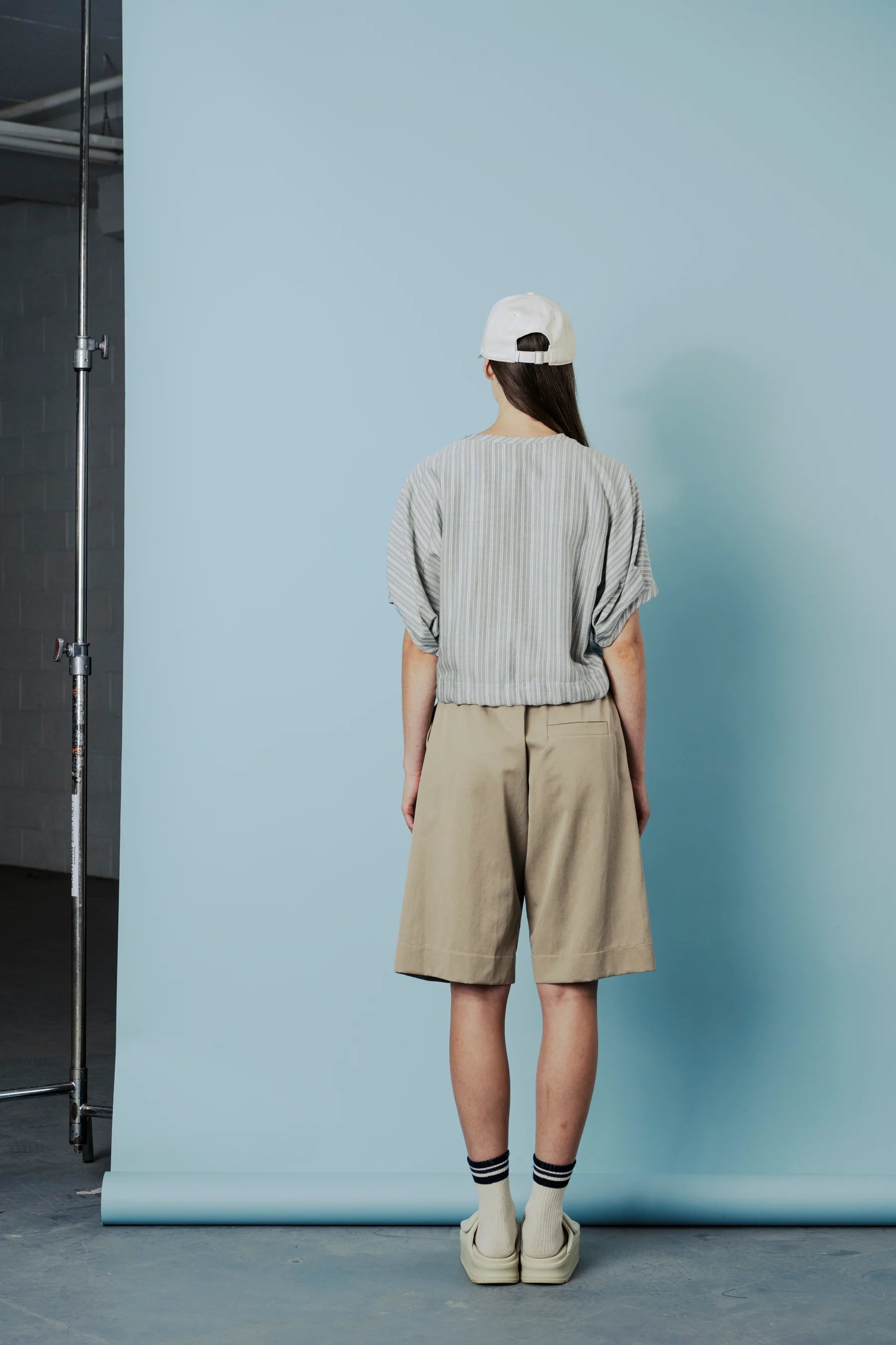 BodyBag by Jude Bahia Top in Light Blue Herringbone back view - ethically made herringbone pattern top - made in Canada