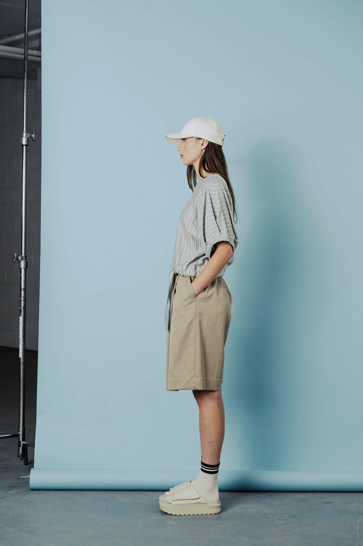 Bahia Top in Light Blue Herringbone side view - lightweight cotton viscose blend top - BodyBag by Jude