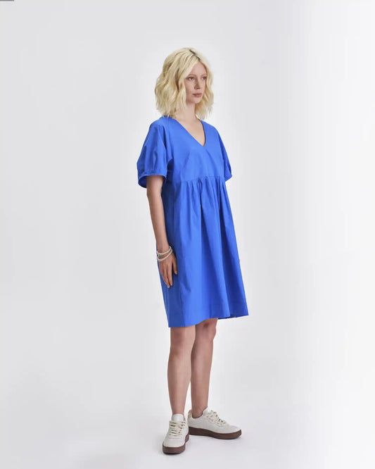 Jennifer Glasgow Design Blue V-Neck Dress with Puff Sleeves for a Stylish Summer Look