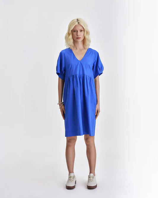 Jennifer Glasgow Design Blue V-Neck Puff Sleeve Dress with Flattering Silhouette