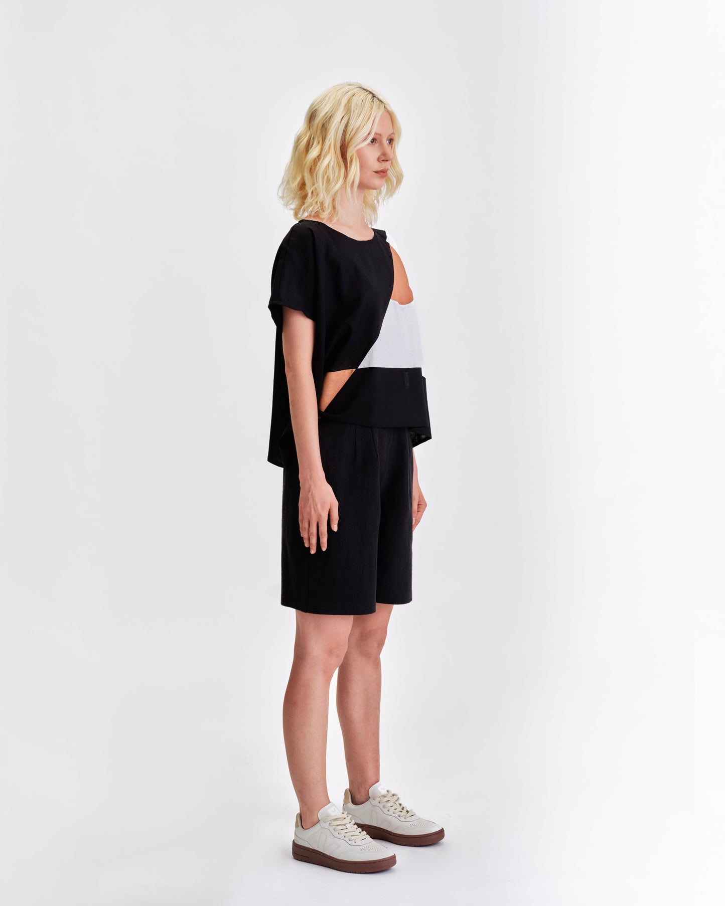 Jennifer Glasgow Design Black and White Colorblock Top with Unique Cut-Out Details