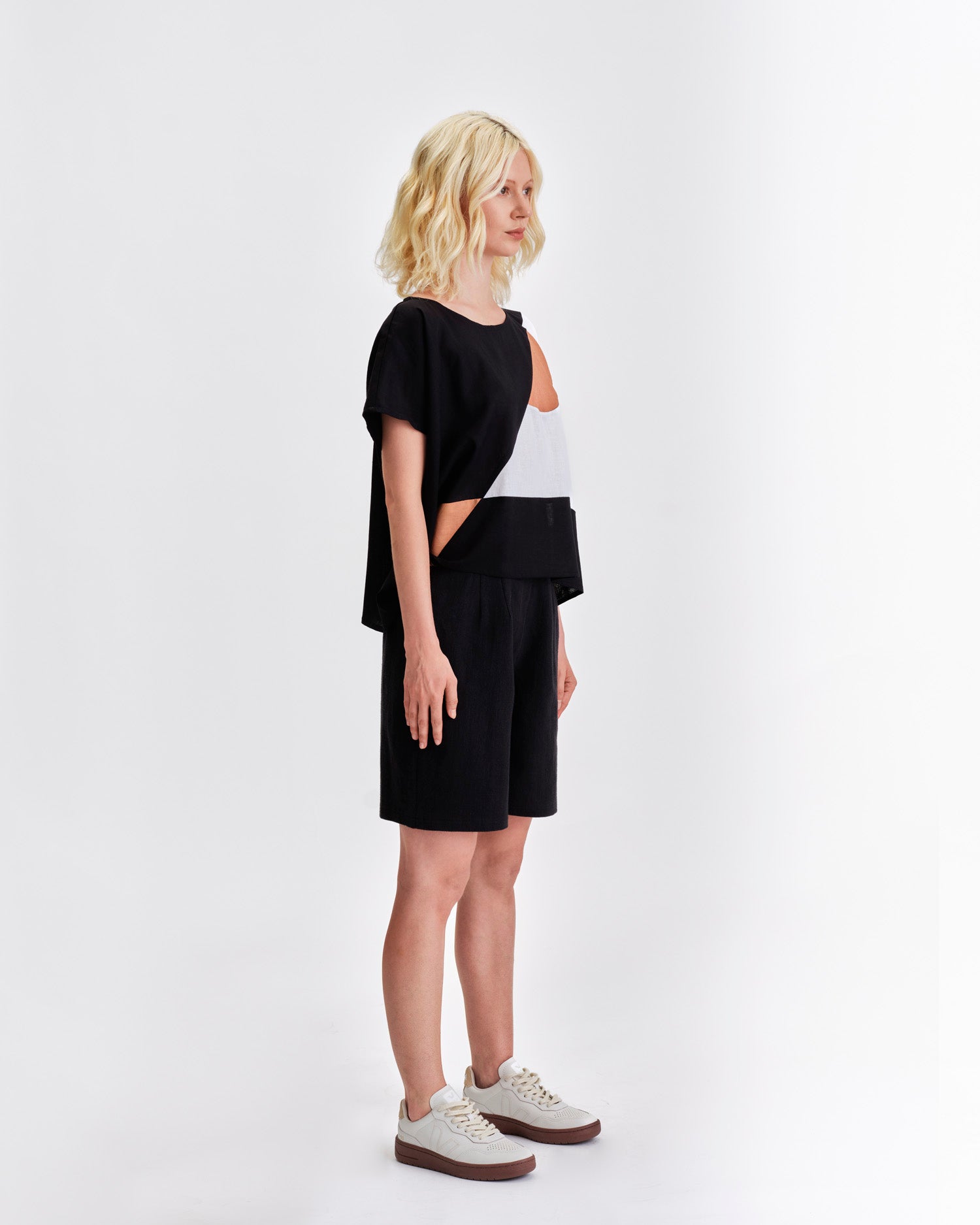 Jennifer Glasgow Design Black and White Colorblock Top with Unique Cut-Out Details