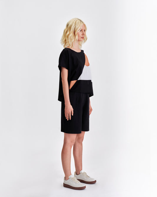 Jennifer Glasgow Design Black and White Colorblock Top with Unique Cut-Out Details