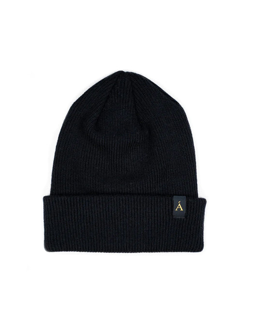 Anian black ribbed knit toque with folded cuff and gold logo tag warm winter hat unisex