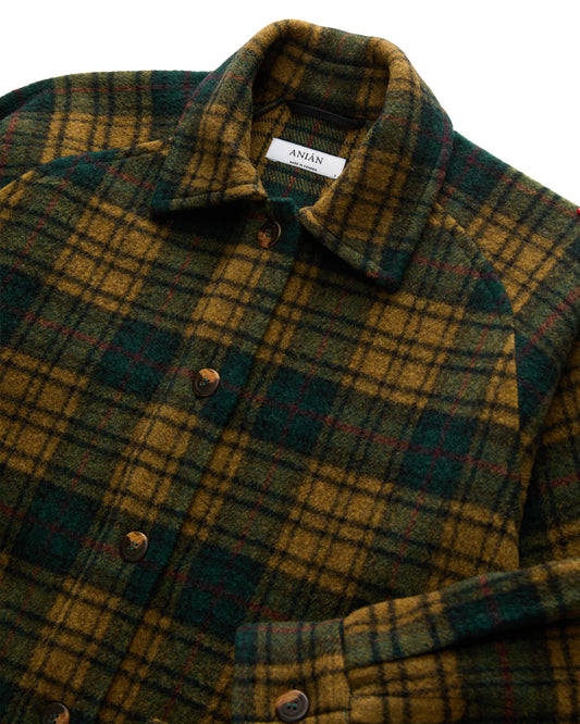 Anian Georgia coat plaid featuring rich green and yellow tones with a stylish button front in Kelowna