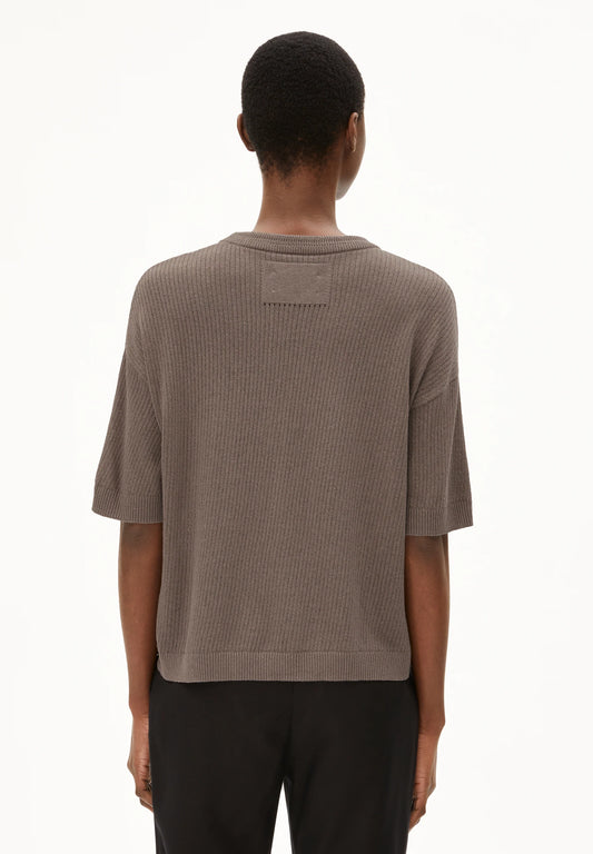 Back view of ARMEDANGELS Canada cozy knit top in earthy tones with a relaxed fit for casual styling in Kelowna and Canada