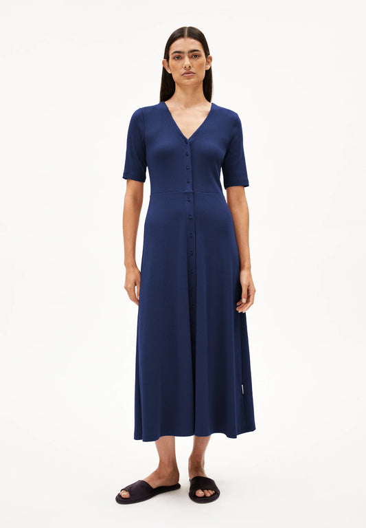 ARMEDANGELS Canada Navy Button-Up Midi Dress with Short Sleeves for Effortless Style in Canada