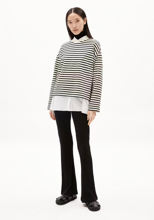 ARMEDANGELS Canada striped black and white long sleeve sweatshirt layered over white shirt worn by model in Kelowna