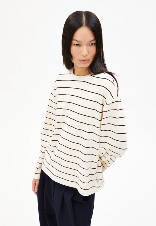 ARMEDANGELS Canada striped shirt in cream with black stripes, featuring a relaxed fit for casual styling